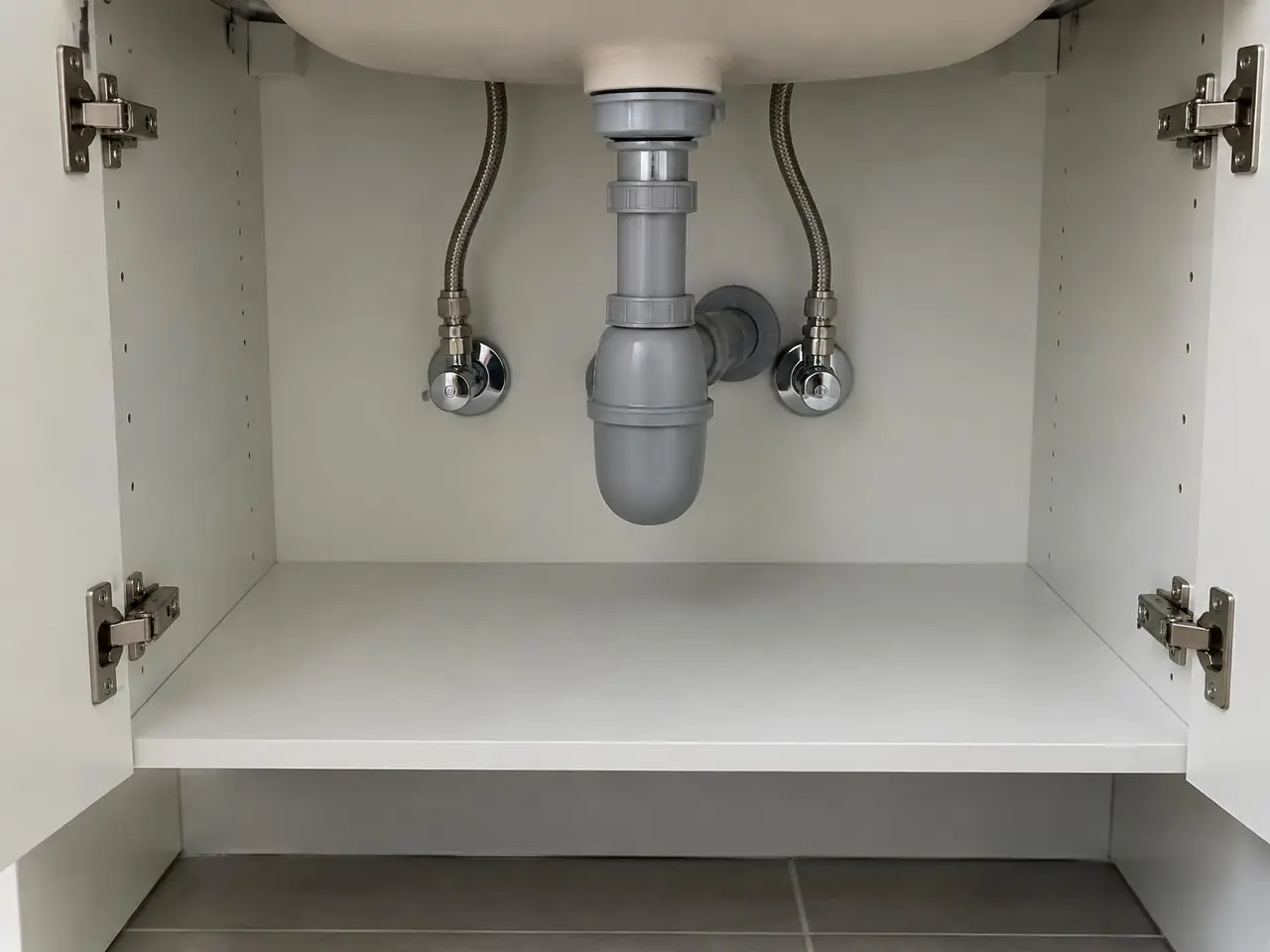 Le même meuble sous lavabo, sec et propre : robinets d'arrêt chromés, flexibles tressés et siphon gris