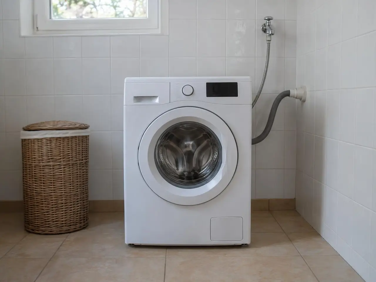 Lave-linge blanc dans une buanderie carrelée, robinet chromé neuf à flexible tressé, carrelage sec autour