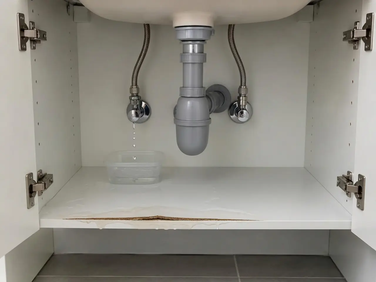 Robinet d'arrêt qui goutte sous un lavabo dans une boîte en plastique, fond du meuble gonflé par l'eau