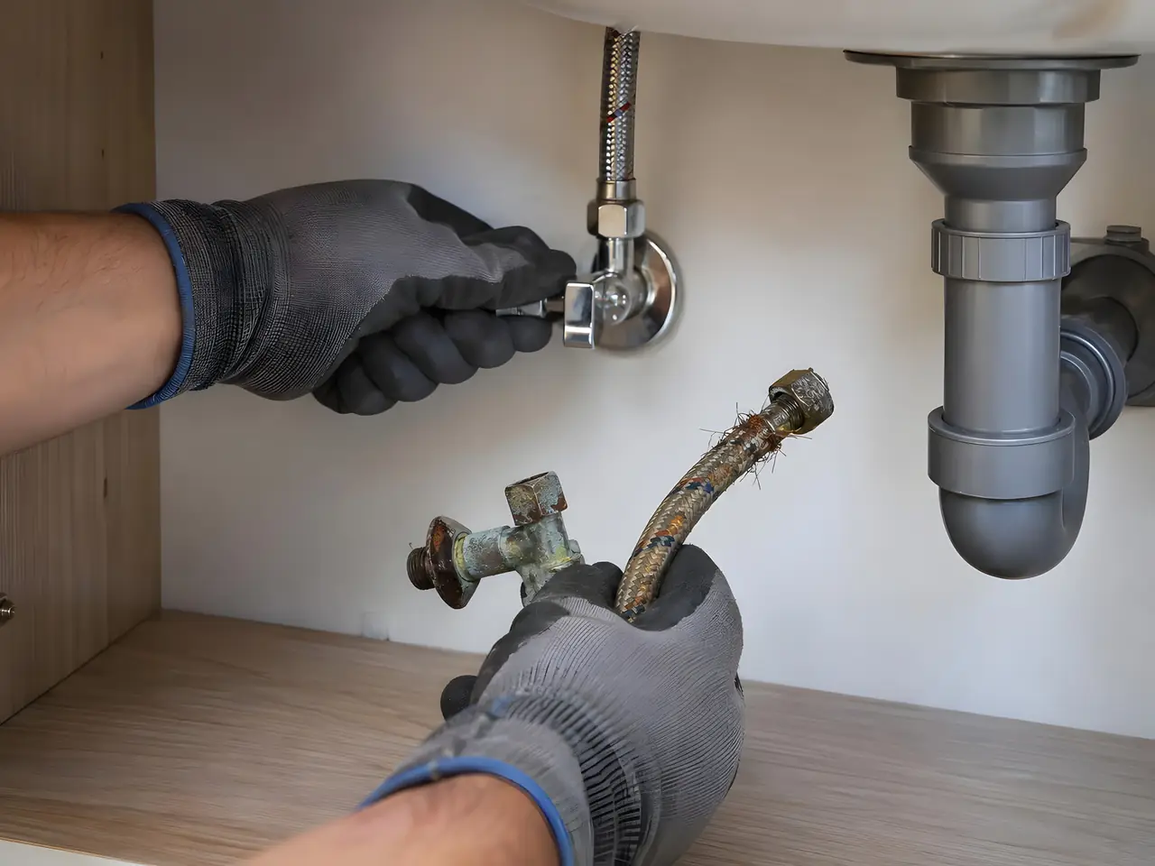 Mains gantées qui serrent un robinet d'arrêt chromé neuf sous un lavabo et tiennent l'ancien, rouillé