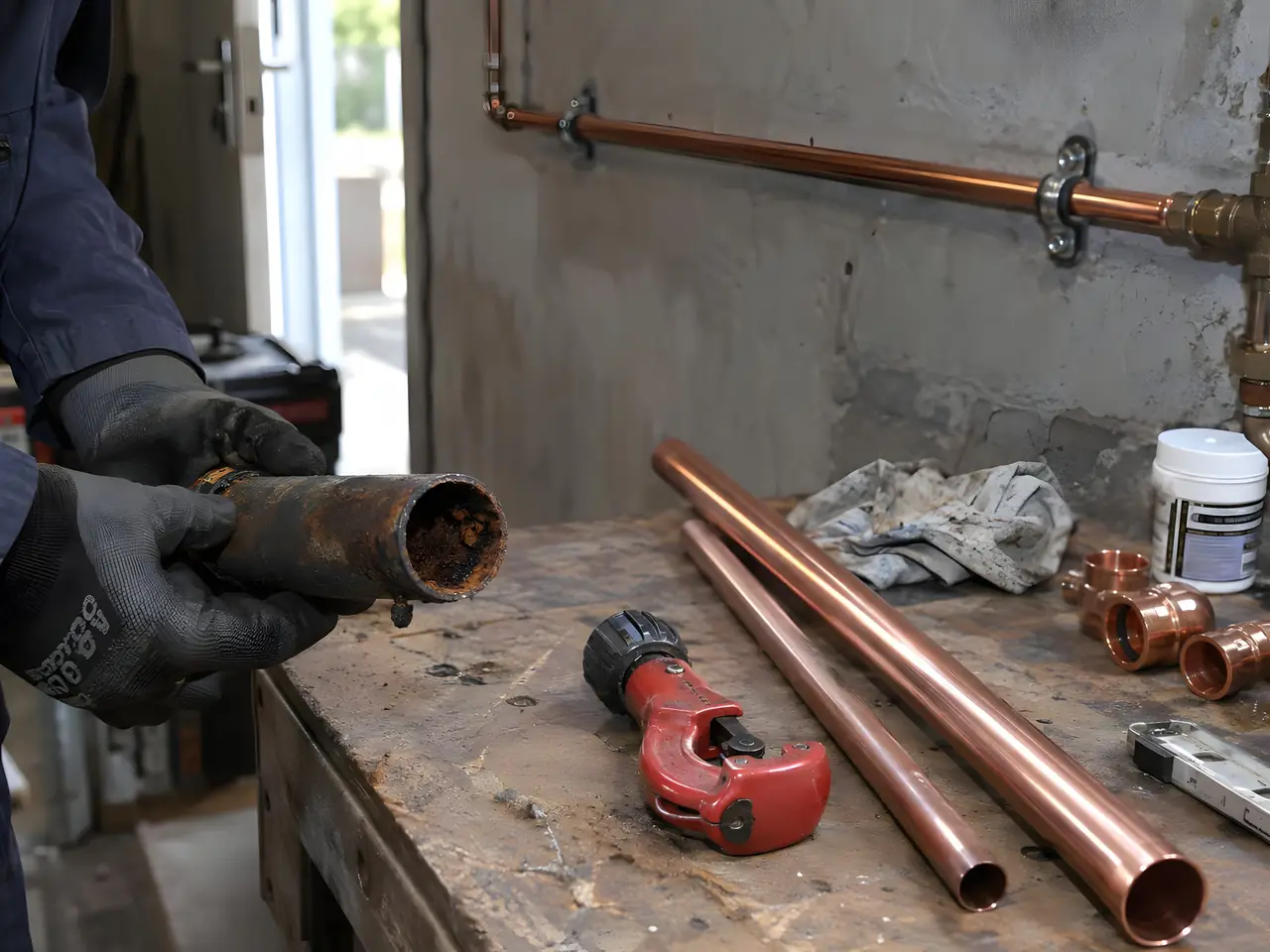 Mains gantées qui tiennent un vieux tuyau rouillé et entartré au-dessus de tubes de cuivre neufs et d'un coupe-tube