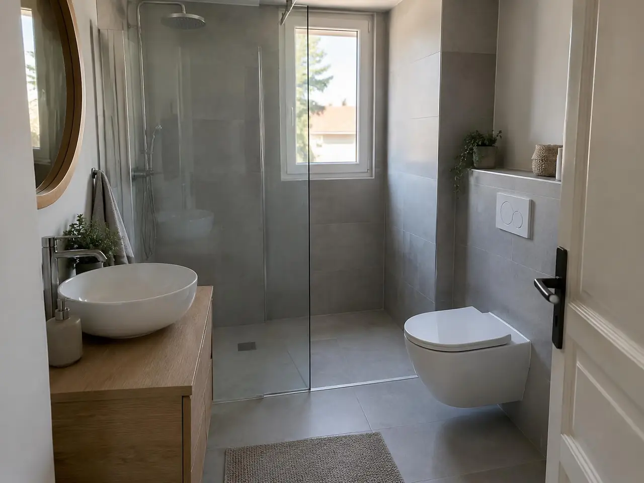 La même pièce refaite : douche de plain-pied vitrée sous la fenêtre, vasque sur meuble en bois, WC suspendu