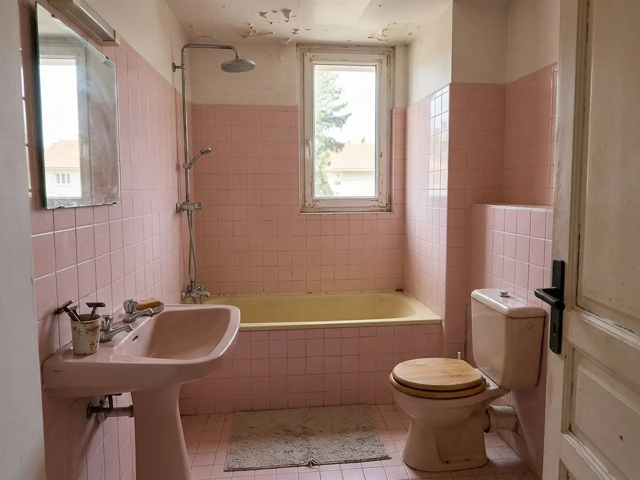 Vieille salle de bains carrelée de rose : baignoire jaune sous la fenêtre, lavabo sur colonne, WC à réservoir