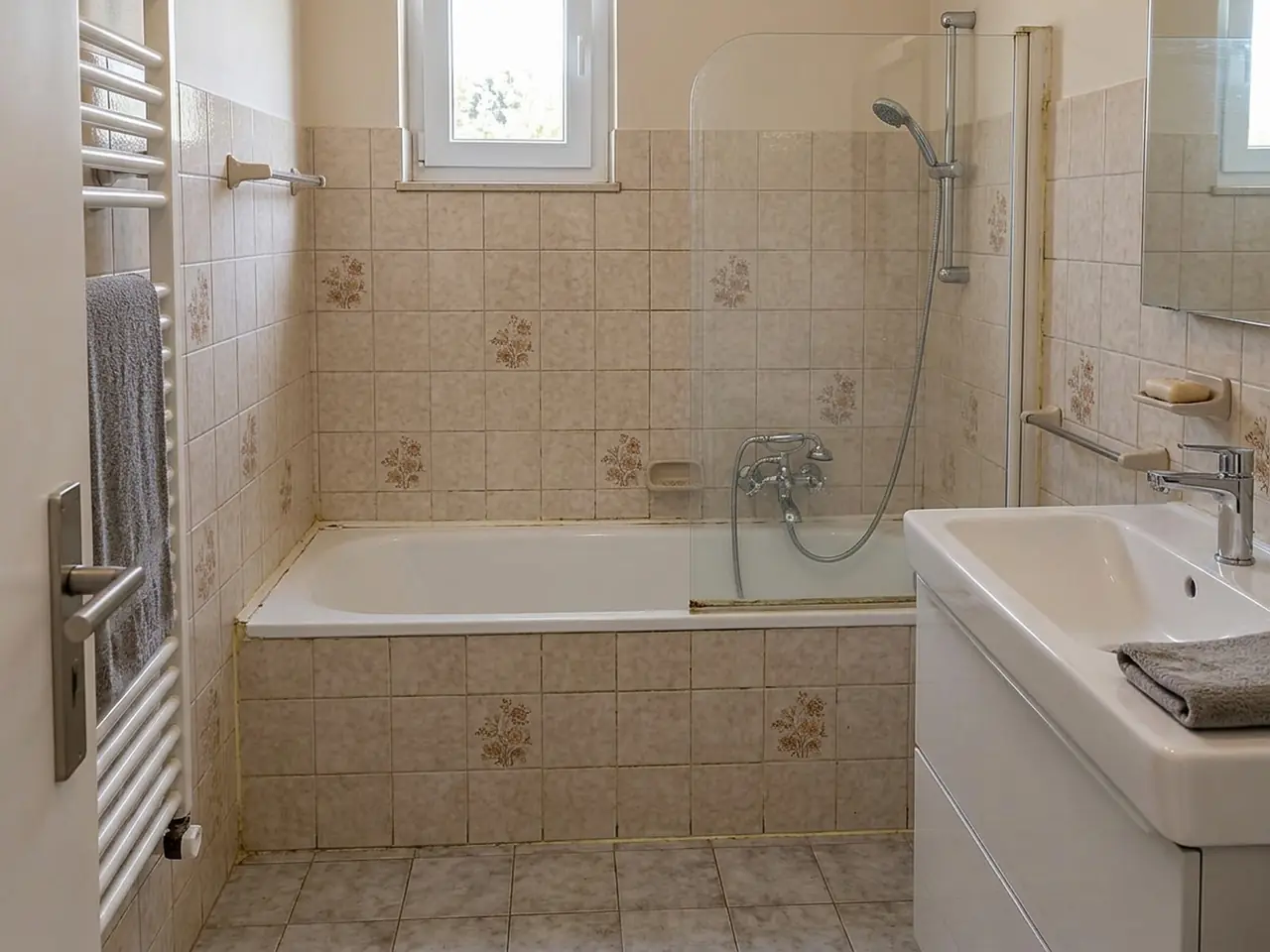 Baignoire encastrée dans une faïence beige à fleurs, pare-baignoire vitré et robinet mural, avant les travaux
