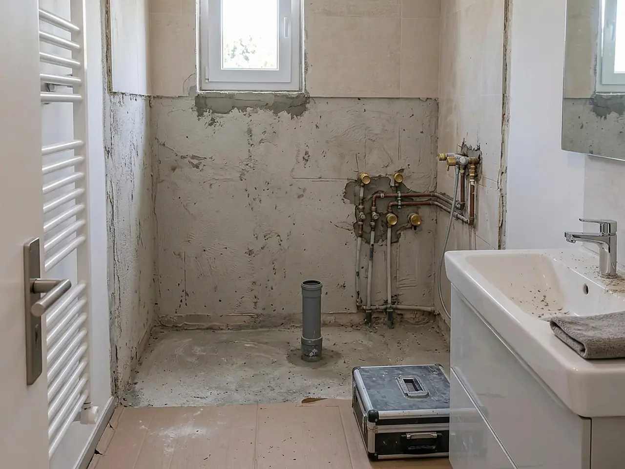 Baignoire déposée : murs bruts, évacuation grise sortie du sol et arrivées d'eau prêtes pour la douche