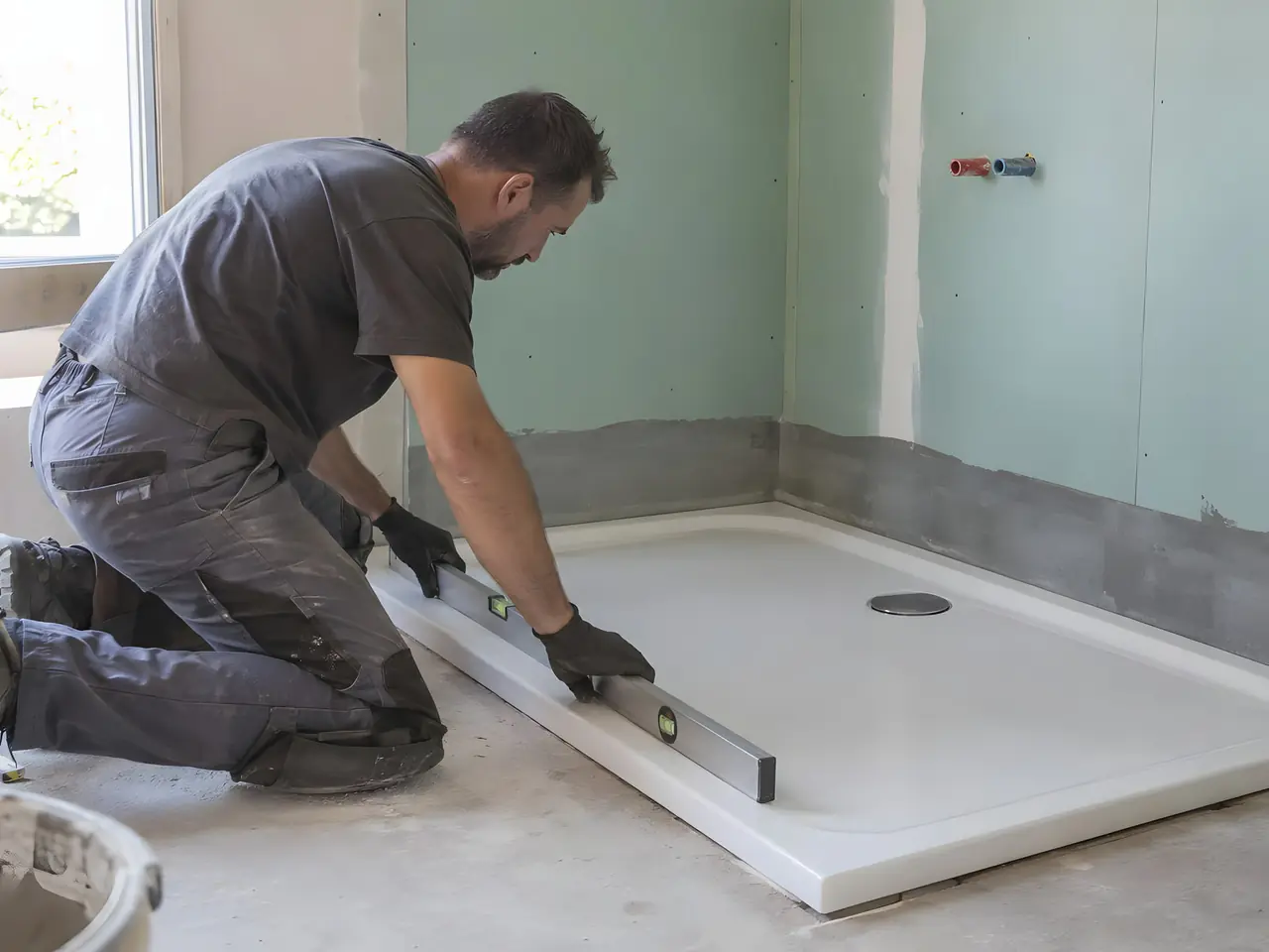 Plombier à genoux qui vérifie au niveau un receveur de douche blanc posé contre des plaques vertes hydrofuges