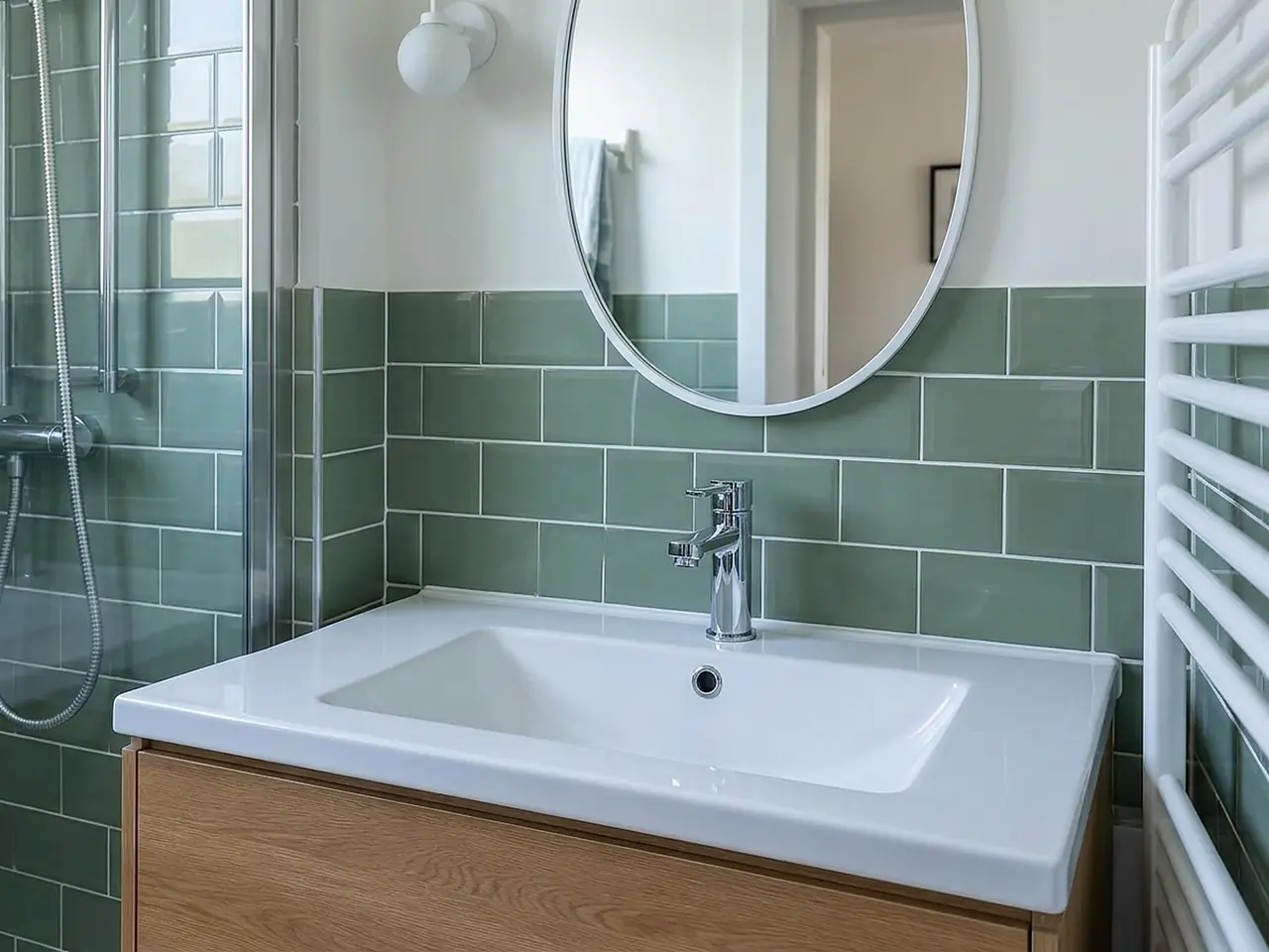 Coin lavabo refait : meuble vasque en bois, mitigeur chromé, carreaux verts et miroir rond, douche vitrée à côté