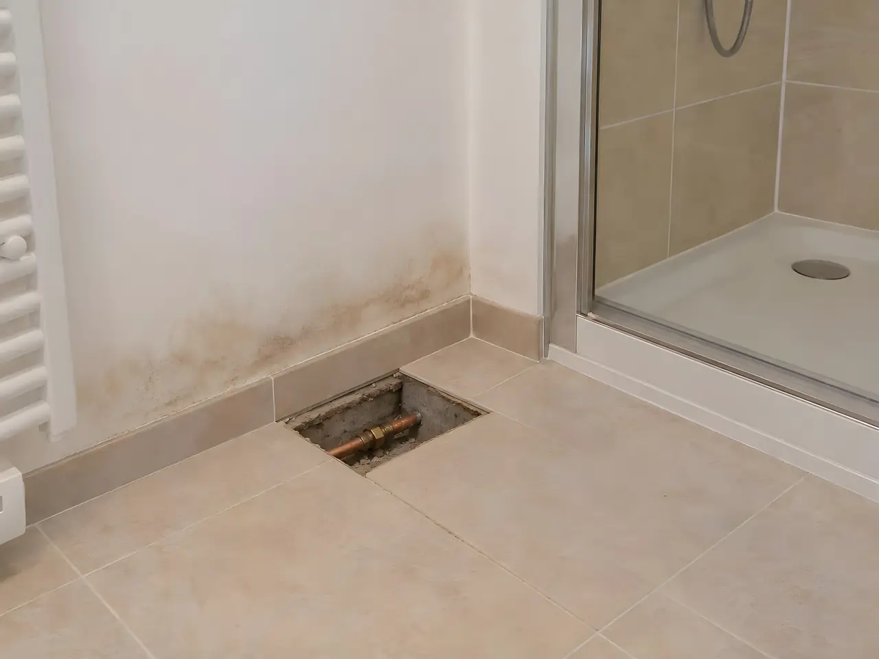 Coin de salle de bains au carrelage beige ouvert sur un tuyau de cuivre, mur blanc taché d'humidité au-dessus
