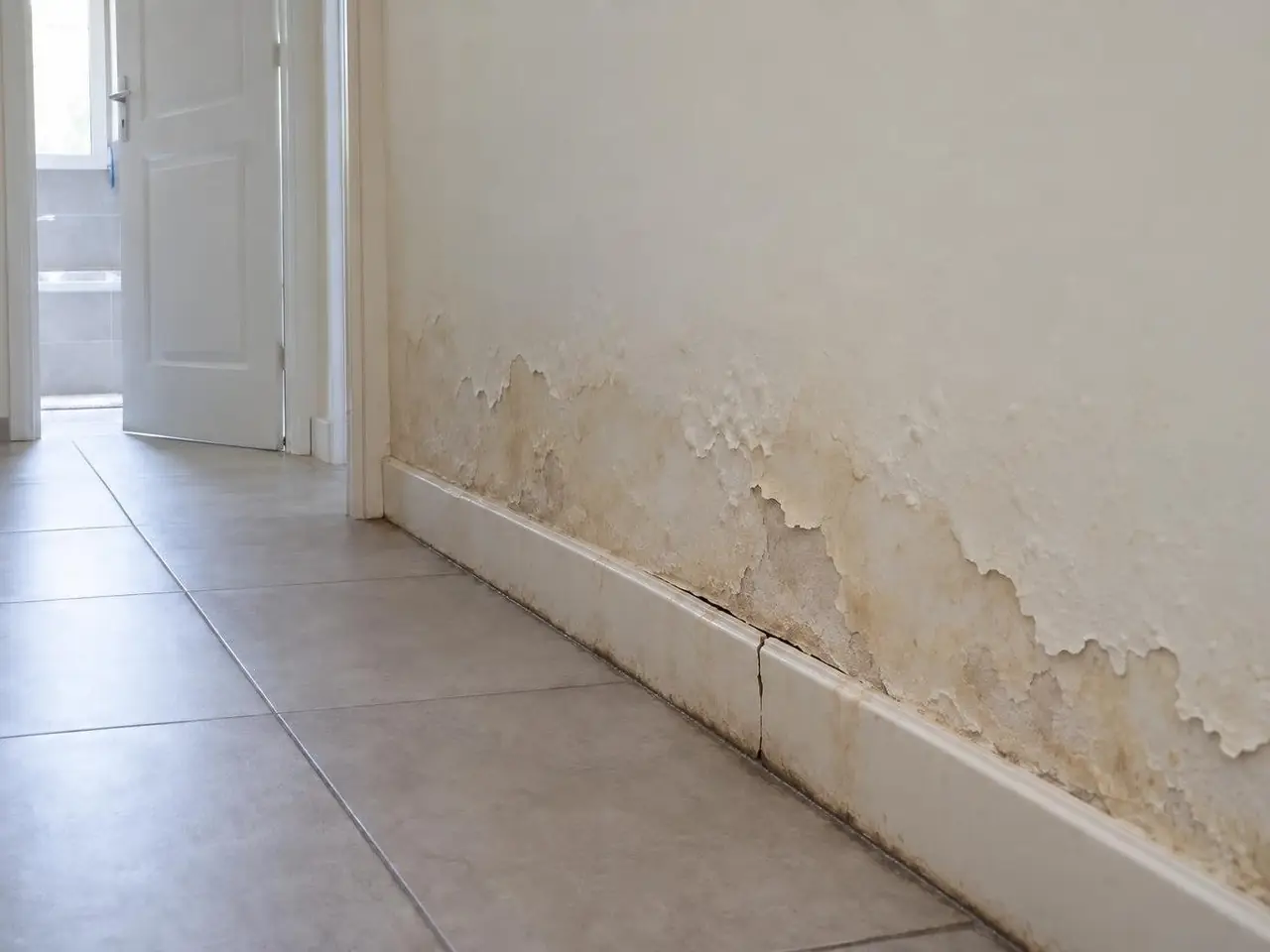 Bas de mur de couloir à la peinture cloquée et écaillée, auréole beige d'humidité, plinthe fendue et décollée