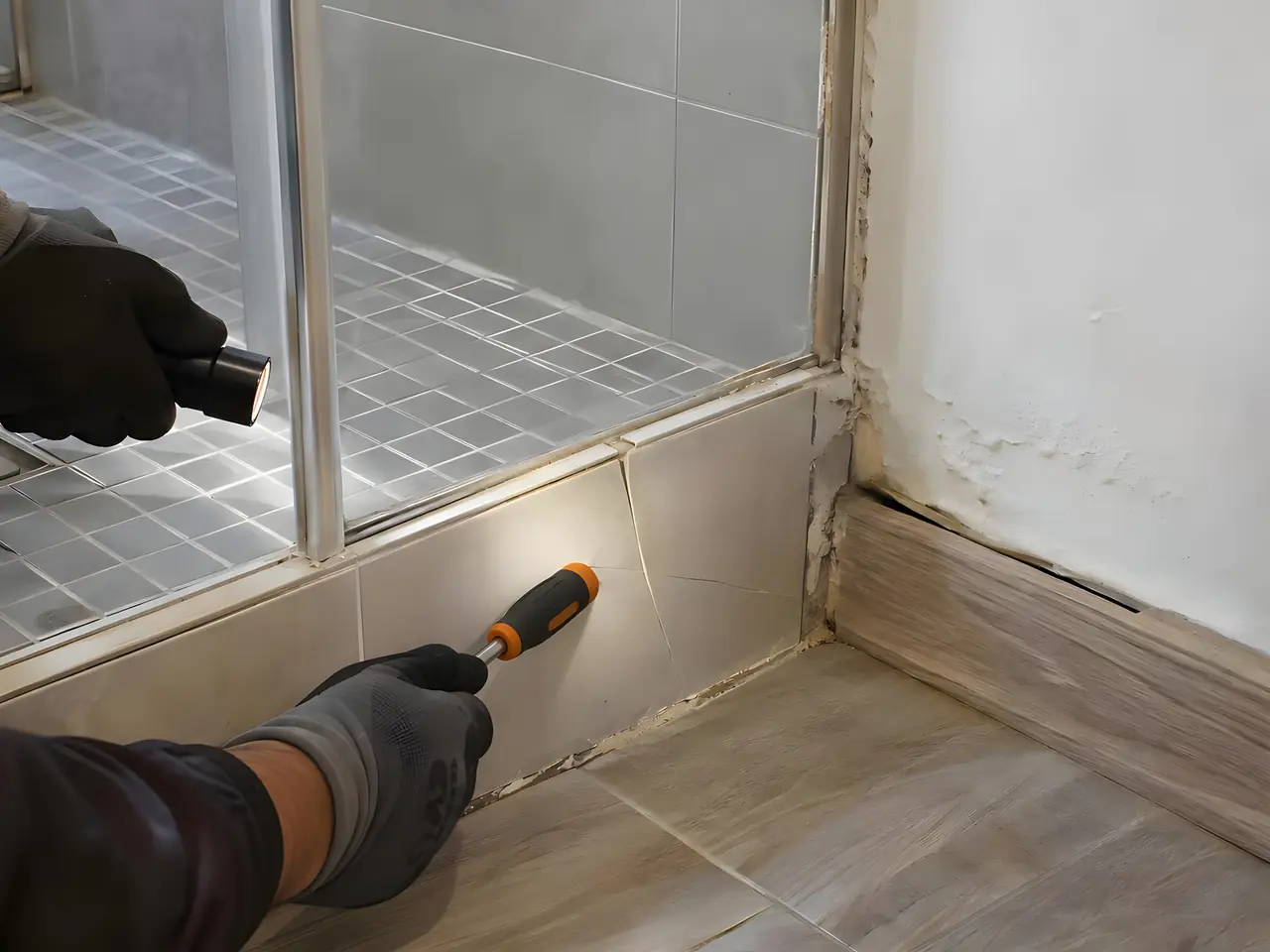 Artisan ganté qui tapote au tournevis un carreau fendu au pied d'une douche, à la lampe, près d'une plinthe gonflée