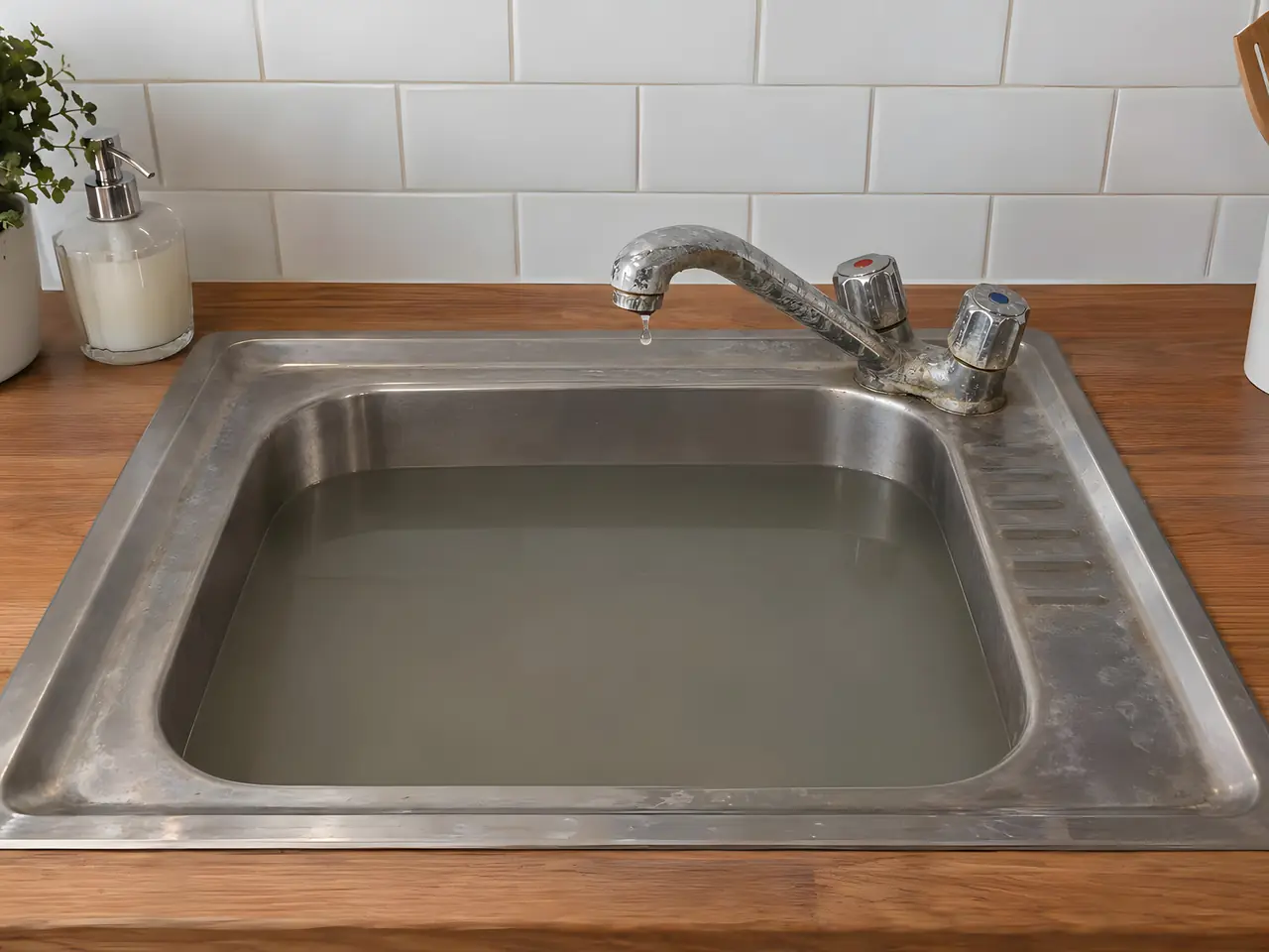 Évier inox terni rempli d'eau grise stagnante sous une vieille robinetterie à deux têtes qui goutte