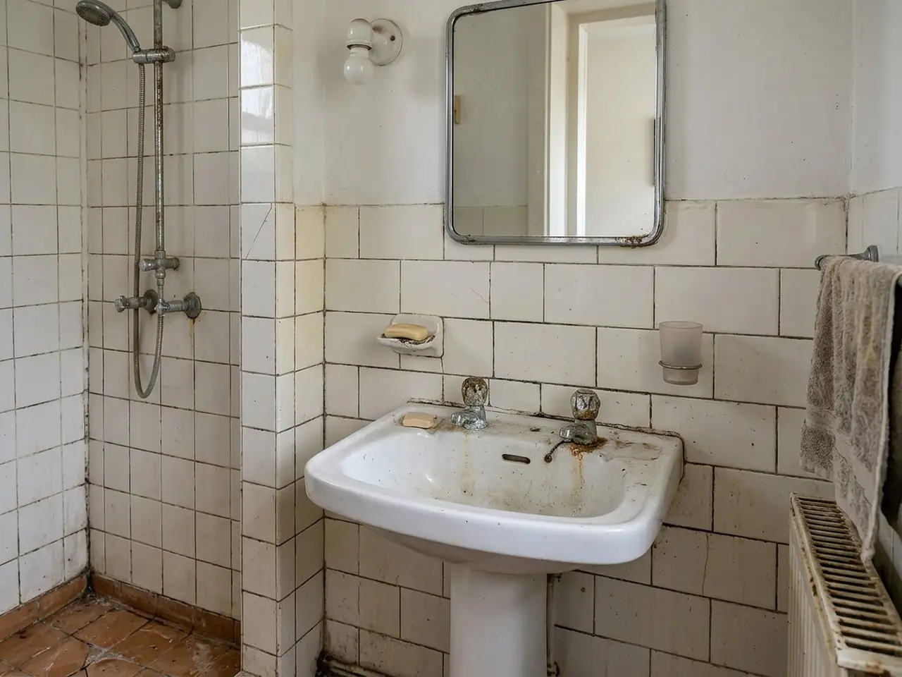 Vieux lavabo sur colonne aux deux robinets entartrés, traces de rouille sous les becs, faïence défraîchie