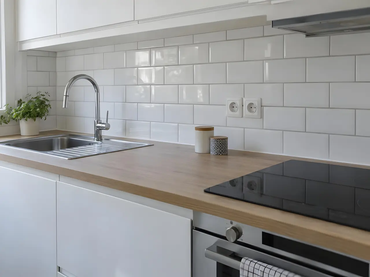 Crédence en carreaux blancs rectangulaires derrière un évier inox et une plaque de cuisson, plan de travail en bois clair