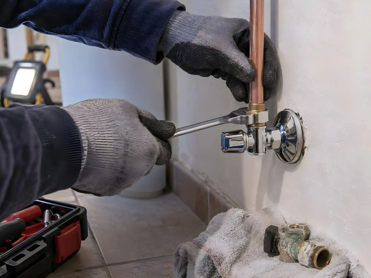 Mains gantées qui serrent à la clé un robinet d'arrêt chromé neuf sur un tuyau de cuivre, l'ancien posé sur un chiffon