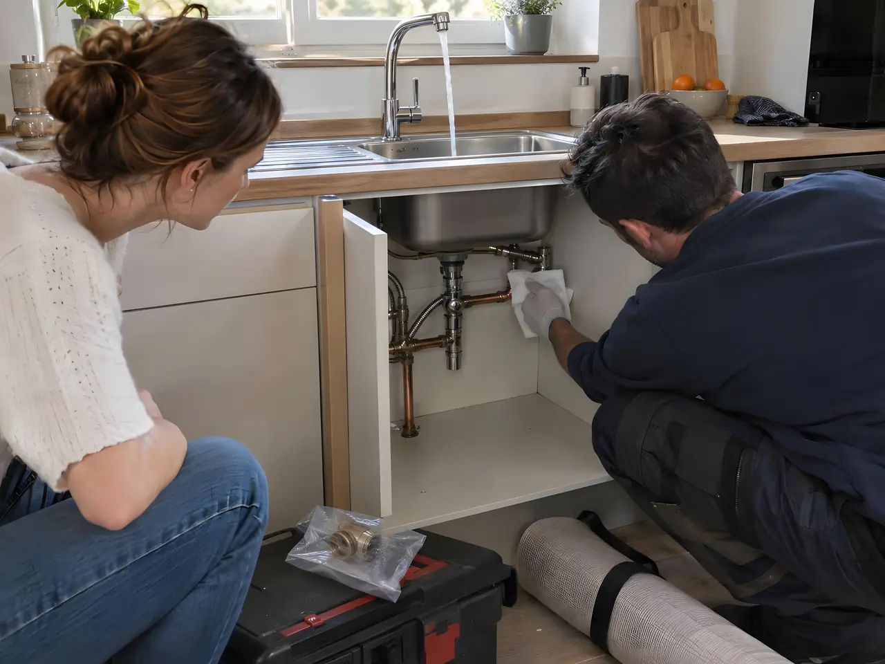 Plombier accroupi qui essuie les raccords sous l'évier pendant que l'eau coule du mitigeur, la propriétaire assise regarde