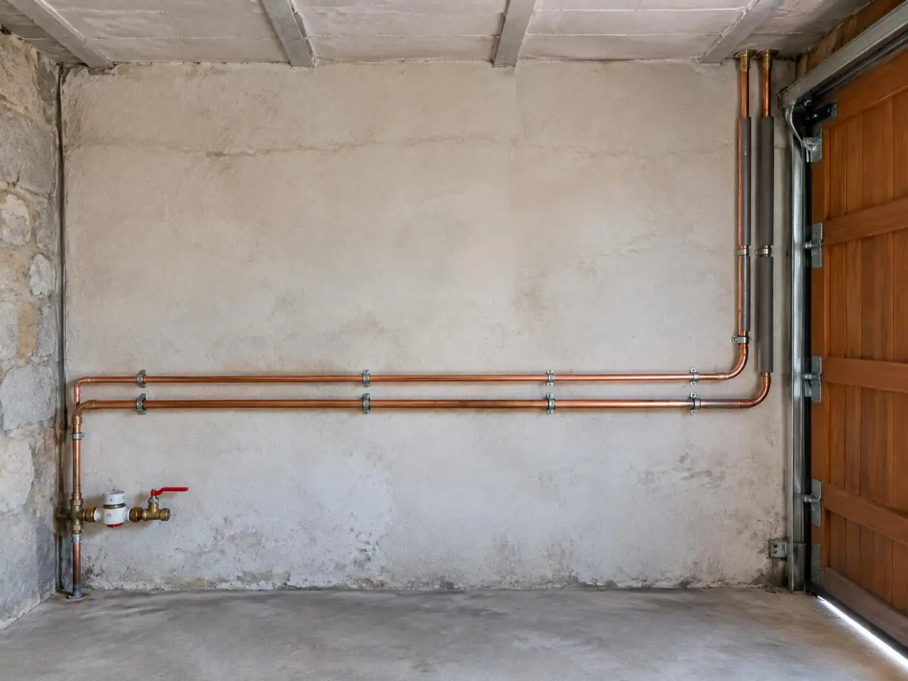 Le même mur de garage : tuyaux de cuivre neufs fixés droits, compteur et robinet d'arrêt rouge en bas
