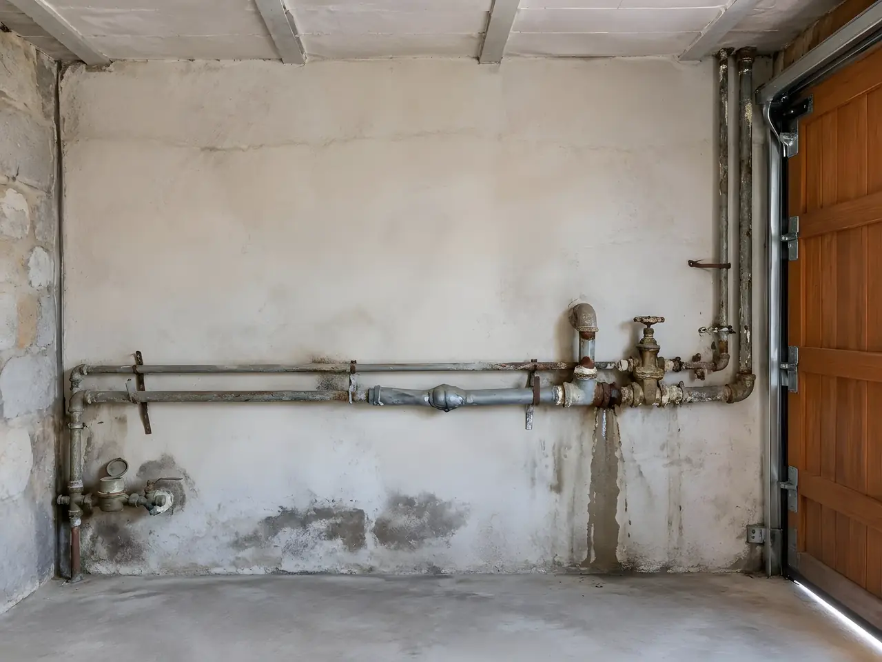 Mur de garage aux vieux tuyaux rouillés et entartrés, raccords qui suintent et traînées d'humidité dessous