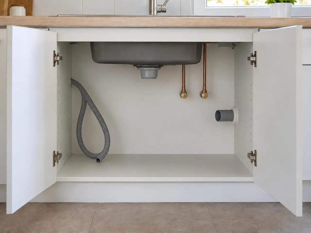 Meuble sous évier neuf ouvert, tuyaux de cuivre bouchés, tube PVC sans rien au bout, tuyau de lave-vaisselle qui pend