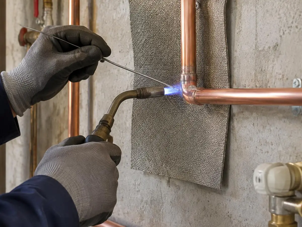 Mains gantées soudant au chalumeau un coude de cuivre fixé au mur, plaque de protection derrière la flamme