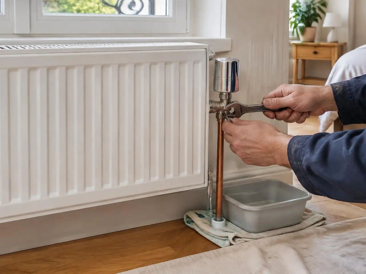 Mains resserrant à la clé le robinet d'un radiateur blanc, bassine et chiffon posés sur une bâche au sol