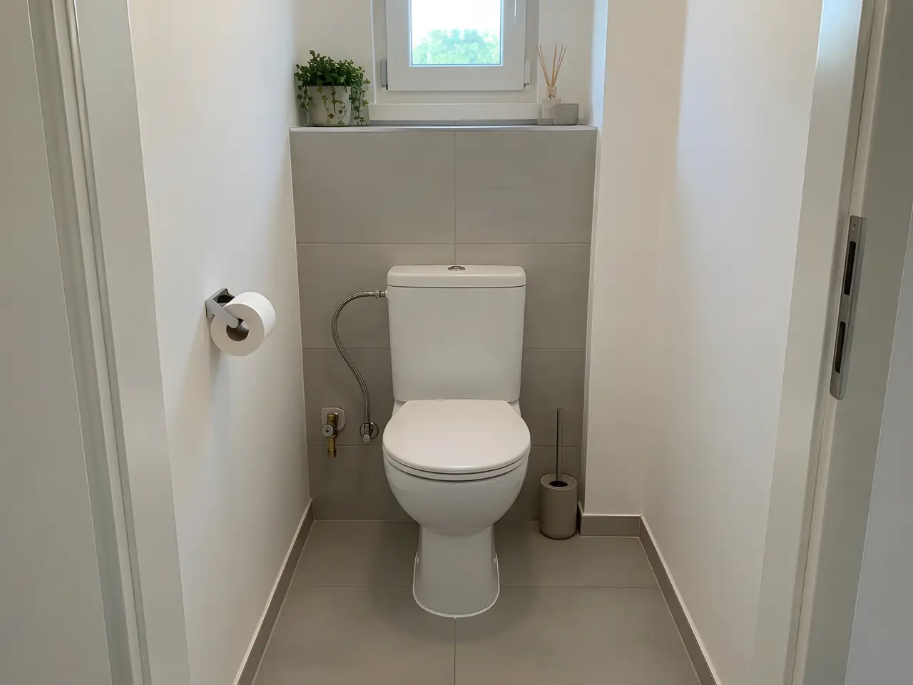 Les mêmes toilettes : WC neuf au sol, réservoir blanc, flexible tressé et robinet d'arrêt au mur carrelé
