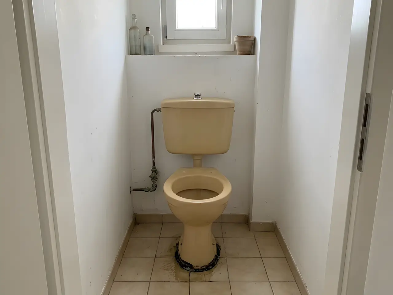 Vieux WC beige au réservoir attenant, auréole noire au pied de la cuvette et tuyau d'arrivée oxydé