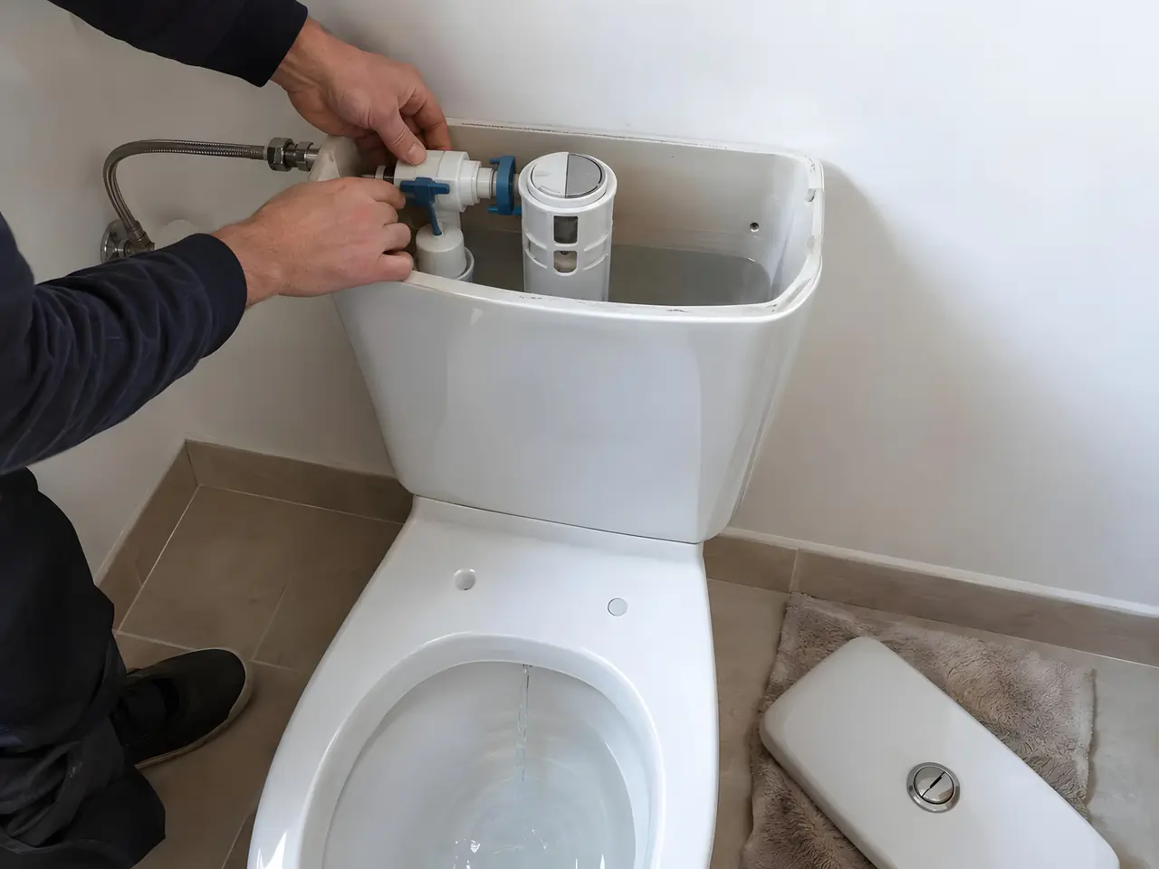 Plombier qui remplace le robinet flotteur dans le réservoir ouvert d'un WC, couvercle posé sur le tapis