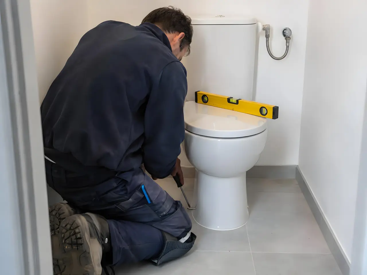 Plombier à genoux qui fixe la cuvette d'un WC neuf au tournevis, niveau jaune posé sur l'abattant