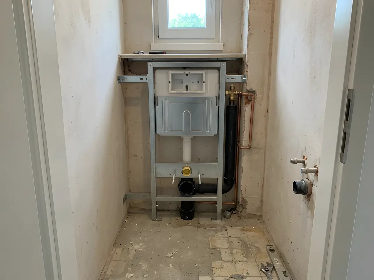 Bâti de WC suspendu fixé dans des toilettes en travaux, évacuation et arrivée d'eau en attente