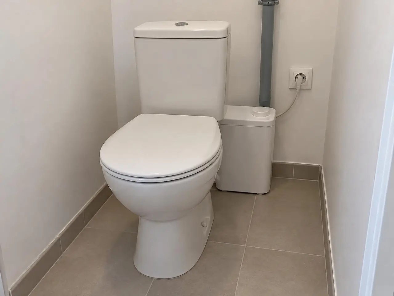 WC neuf au sol et son broyeur blanc posé derrière, petit tuyau d'évacuation gris qui monte le long du mur